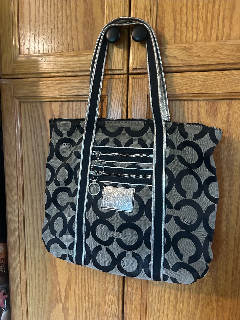 Coach Canvas Tote in Black and Gray with Metallic Trim